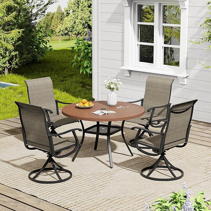 VICLLAX 5 Pieces Patio Dining Set, Patio Furniture Set of 4 Patio Swivel Dining Chairs and 41" Patio Round Table with Storage Shelf for Deck Garden, Mixed Brown Chairs & Walnut Tabletop