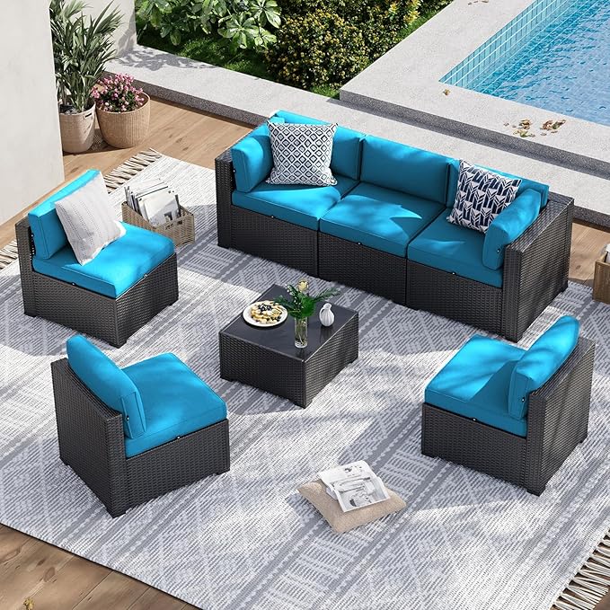Aoxun 7 Piece Patio Furniture Set, Wicker Rattan Patio Sectional Sofa, Outdoor Furniture Set with Thickened Cushion, Peacock Blue