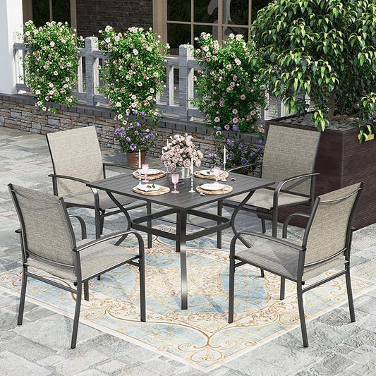 HERA'S HOUSE 5-Piece Patio Table and Chairs, Outdoor Dining Set for 4, Square Metal Table and Textilene Chairs with Umbrella Hole for Lawn Garden Backyard Deck, Brown