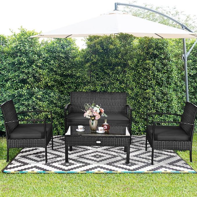 HAPPYGRILL 8-Piece Patio Conversation Set Outdoor Rattan Wicker Sofa & Coffee Table Furniture Set for Patio Garden Poolside