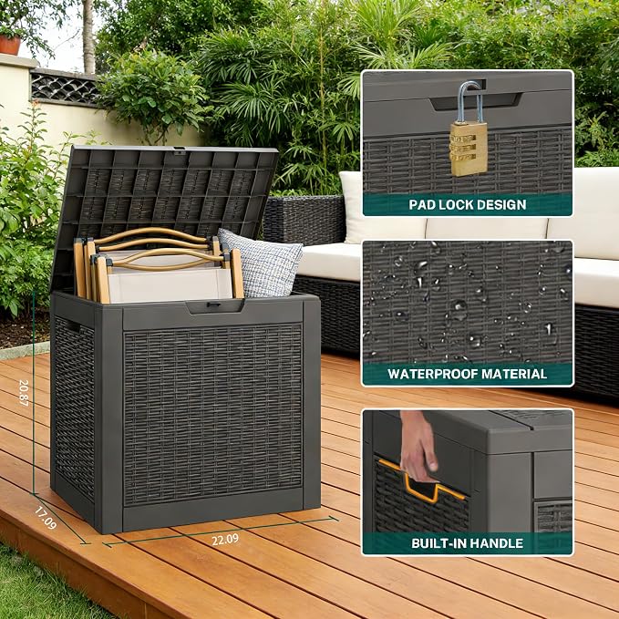Outdoor Storage Box, 30 Gallon Resin Deck Boxes Outdoor Waterproof For Patio Furniture, Garden Tools, Pool Supplies, Lockable And UV Resistant (Rattan Black)