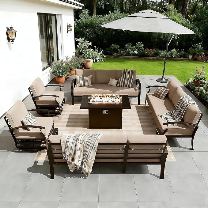 Gotland Outdoor Aluminum Patio Furniture Set with Fire Pit Table, 7 Pieces Metal Patio Furniture with 2 Swivel Rocking Chairs 11 Seats Waterproof 5.1'' Seat Cushions, for Garden Balcony Porch Khaki