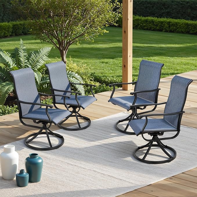 Crownland Outdoor Swivel Dining Chair Set of 4, All Weather 360° Swivel Rocking High Back Model Patio Dining Chairs, Textilene Fabric Wrought Iron Dining Chair Set for Backyard, Lawn, Garden(Blue)