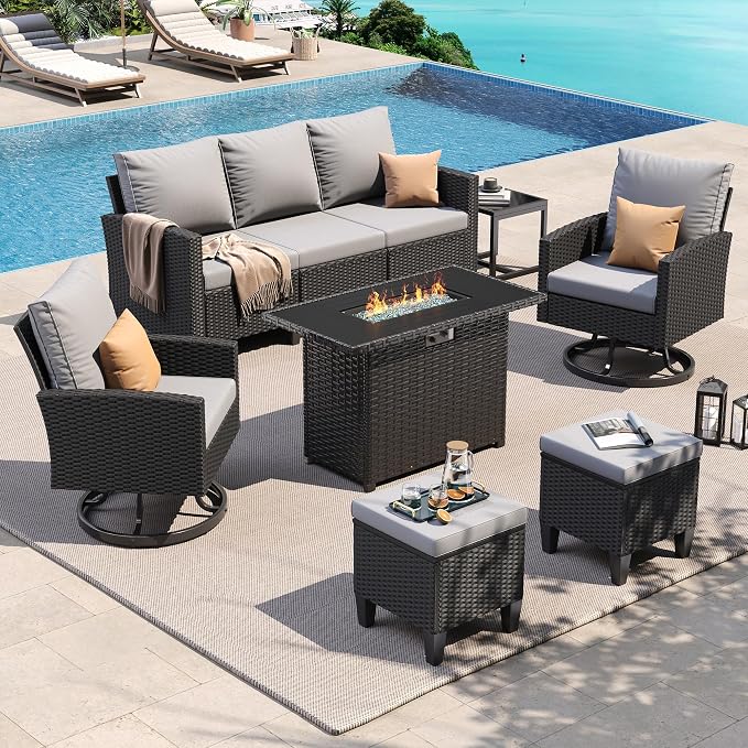 UDPATIO Patio Furniture Set with Fire Pit Table, 7 Pieces Outdoor Conversation Sets with Swivel Chairs and Ottomans, All-Weather Rattan Wicker Patio Sofa Couch for Backyard, Deck, Porch, Grey/Black