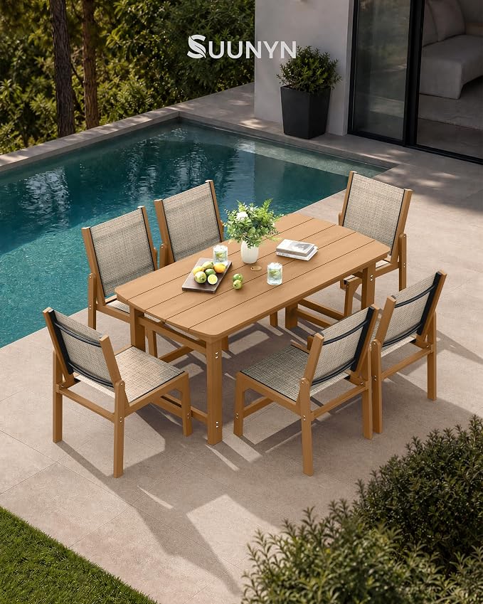 HDPE Outdoor Patio Dining Set with Table & 6 Stackable Armless Textilene Chairs, All-Weather 7-Piece Dining Table Set with Umbrella Hole, Patio Furniture for Garden, Poolside, Backyard, Deck | Teak