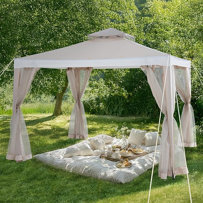 Sunjoy 10 x 10 ft. Soft Top Gazebo, Outdoor Patio Backyard Modern 2-Tier Steel Frame Gazebo with Mesh Netting - Beige & White