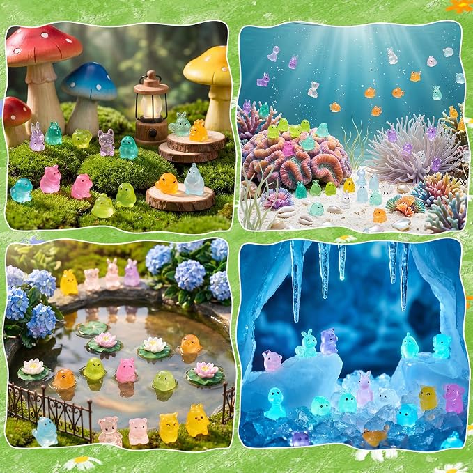 70 Pcs Mini Resin Animals Blind Bags, Glow in The Dark Tiny Animal Figures, Mystery Bulk Assortment for Fairy Garden, Aquarium, Potted Decor, Premium Hand-Polished Resin