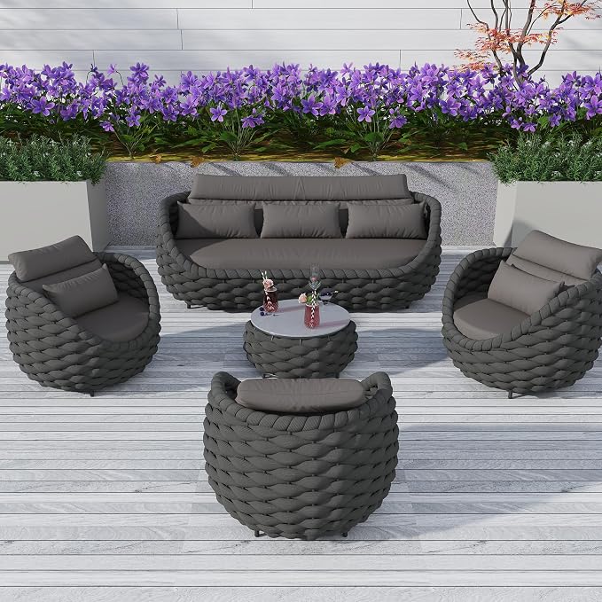 TWT Outdoor Patio Furniture Set-5 Pieces Aluminum Sectional Sofa, Metal Patio Conversation Set with Threeseat & Armchair, Textile Rope and Coffee Table, Dark Grey
