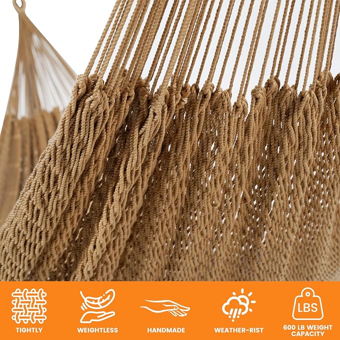 Lazy Daze Hammocks Handwoven XL Mayan Hammock, 10.5 FT Soft Rope Double Hammocks, Portable Outdoor Hammock with Carry Bag, 2 Straps & Carabiners for Patio Outside, 550 lbs Weight Capacity, Tan