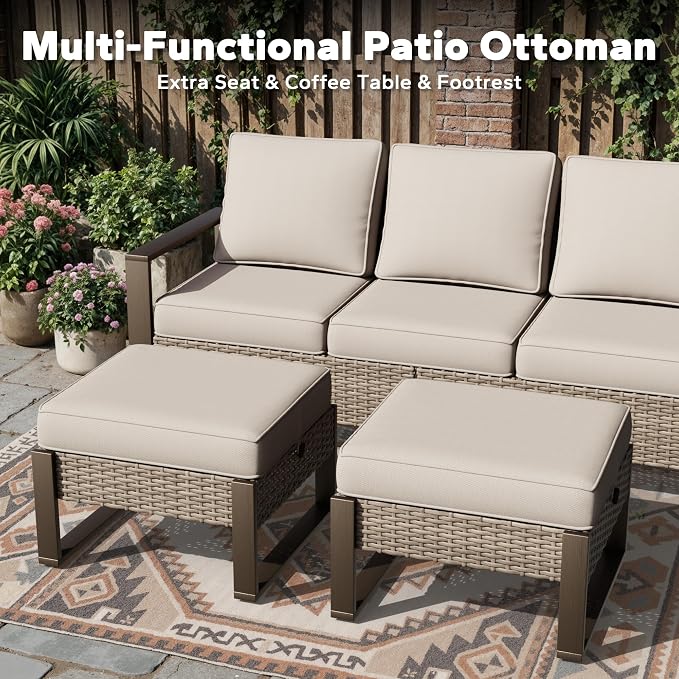 Joyside Outdoor Patio Chairs, 4 Pieces Wicker Rattan Furniture Set, 2 Patio Chairs, 2 Ottoman and 1 Table, Metal Wide Armrest, Thick Cushions and Deep Seating for Garden, Backyard, Porch, Deck
