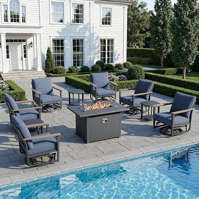 10Pcs Patio Rocking Swivel Chair with 55,000 BTU Fire Pit Table Outdoor Aluminum Bistro Set with Coffee Table, Patio Furniture Set with High Backrest & Thickened Cushions, Navy Blue