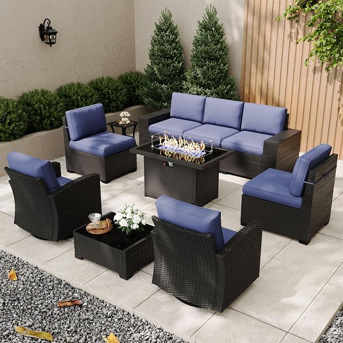 Patio Furniture Set with Fire Pit Table, 10 Pieces Outdoor All-Weather Wicker Conversation Sectional Chair Sofa Set with 2 Swivel Chairs