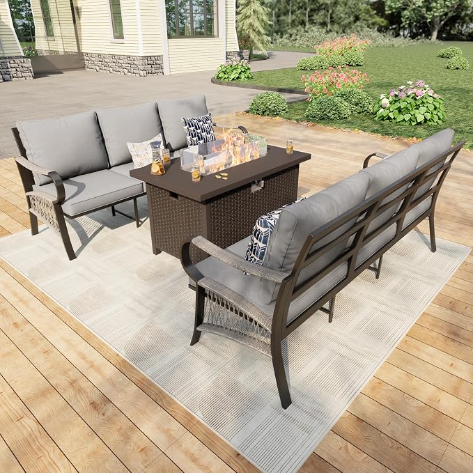 3 Pieces Patio Furniture Set, Metal Outdoor Conversation Sets with Fire Pit Table for Backyard Garden Deck Porch Poolside (Thick Gray Cushions)