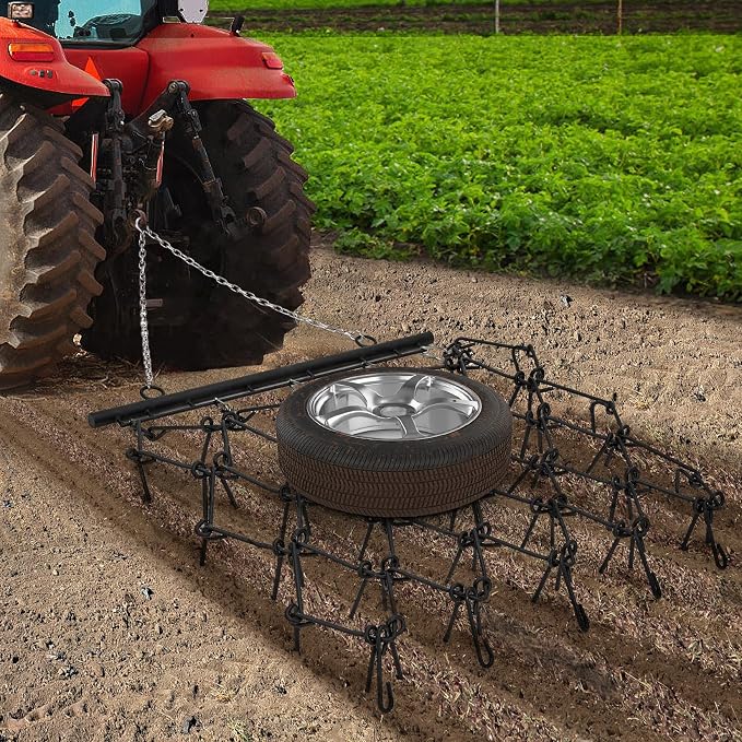 Garvee 4x4 ft Drag Harrow Leveling Grading Steel Mesh, 1/2 Thick Harrow Tines, Tow Behind Agricultural-Style Drag for ATV, UTVs,Lawn Tractors Leveling& Grading, Black