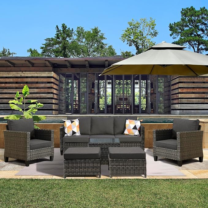 ovios 6 Pieces Patio Furniture Set, Outdoor Wicker Rattan Sofa Couch with Glass Table, Chairs, Comfy Cushions, Conversation Sets for Porch Deck Garden, Black