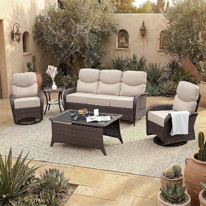Patio Furniture Set with Luxury 6" Cushions, 5 Pcs High Back Swivel Rocking Patio Chairs and Couch, Outdoor Wicker Conversation Set for Deck, Porch, Backyard, Poolside, Beige