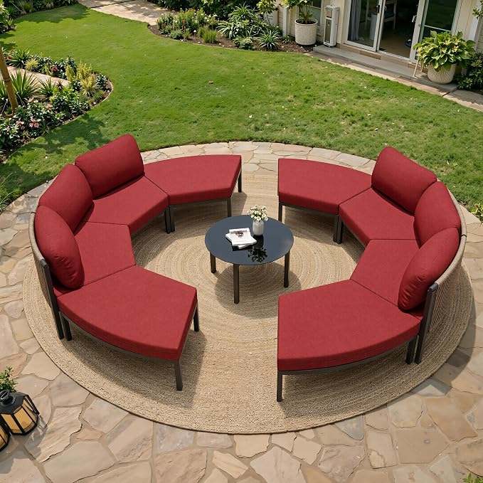 Crestlive Curved Patio Furniture Set, Modular Half Moon 8-Seater Sofa with Round Coffee Table, Aluminum Outdoor Sectional with 4.3" Cushions, All-Weather Couch for Backyard, Deck, Porch, Poolside