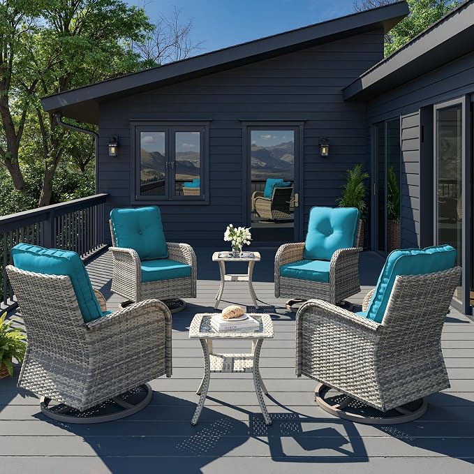 6-Piece Patio Rocking Swivel Chair Outdoor Wicker Rattan Bistro Set with Tempered Glass Side Table, Outdoor Patio Furniture Set for Garden, Deck, and Balcony, Turquoise