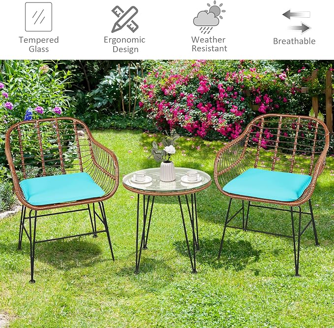 COSTWAY 3 Pieces Patio Bistro Set, Outdoor Rattan Conversation Seating Chair Set with Coffee Table & Soft Cushions, Indoor Wicker Furniture Set for Garden, Balcony, Porch, Pool, Turquoise