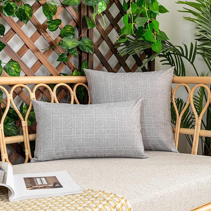 Kevin Textile Outdoor Waterproof 18”x18” Pillow Covers 2 Pack, Grey | Water Resistant, Soft Faux Linen-cotton Yarn-dyed Woven Texture Throw Pillow Covers for Tent Patio Garden Couch Sofa