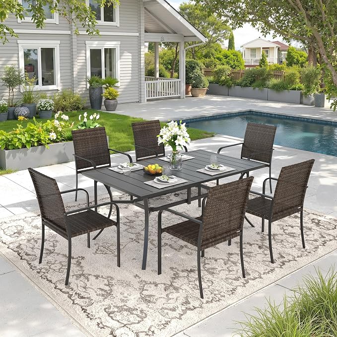 DIFY 7 Piece Outdoor Dining Set for 6, 59.2" Black Rectangle Metal Dining Table with Umbrella Hole and Stackable Wicker Patio Chairs, All-Weather Patio Table and Chairs Set for Deck Garden Backyard