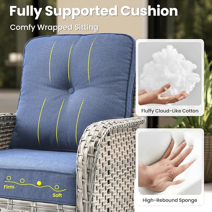 ovios 9-Piece Patio Furniture Set with L-Shape Sofa Chaise, Outdoor Sectional Couch Swivel Gliders Fire Pit Table Solar Table, Modern Modular Wicker Rattan Conversation Set, Denim Blue