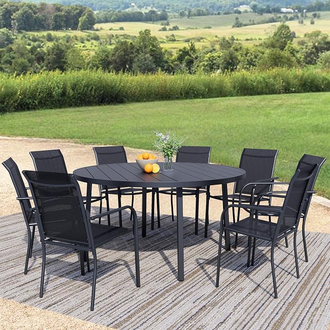 9-Piece Patio Furniture Set, Black Round Patio Table and Black Chairs Set of 8, Outdoor Dining Set with Umbrella Hole for Garden, Yard, Patio