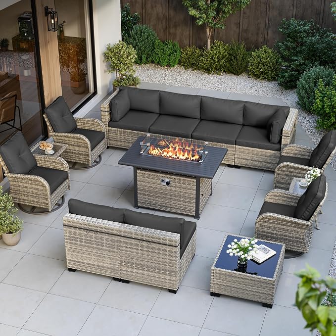 14-Piece Outdoor Patio Furniture Set with Rocking Swivel Chair, Wicker Rattan Sectional Sofa Conversation Set with 55,000 BTU Fire Pit Table, Backyard Furniture, Dark Grey