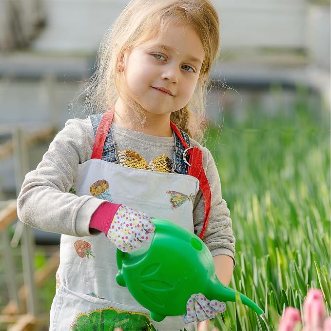 HANDLANDY 4 Pairs Kids Gardening Gloves, Girls Boys Children Garden Work Play Gloves (Pink Dot, Medium) | Girls Boys Children Garden Yard Work Play Cycling Gloves with Knit Wrist, Cute Pattern, Gift