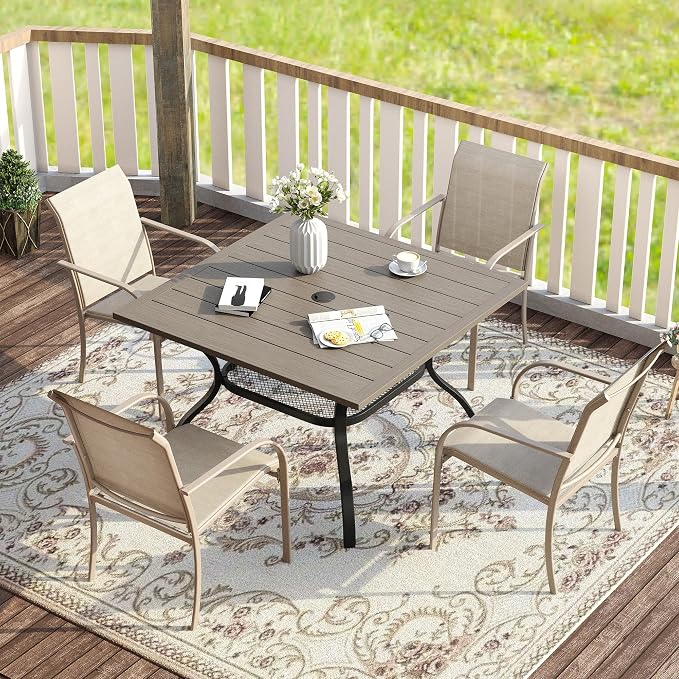 VICLLAX 5 Pieces Patio Dining Set, Outdoor Furniture Set Includes 37.8" Square Outdoor Table and 4 Stackable Patio Sling Chairs, Grey Wood-Like Tabletop and Sandshell Color Fabric