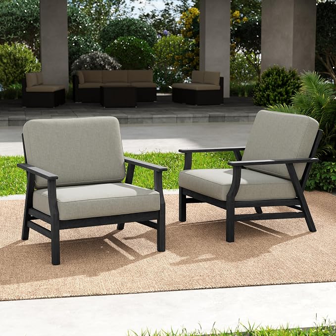 3 Piece Wood Patio Chair Outdoor Bistro Set, Outdoor Armchair All Weather Patio Sofa Furniture Backyard Conversation Sets with Dark Wooden Side Table, Light Camel