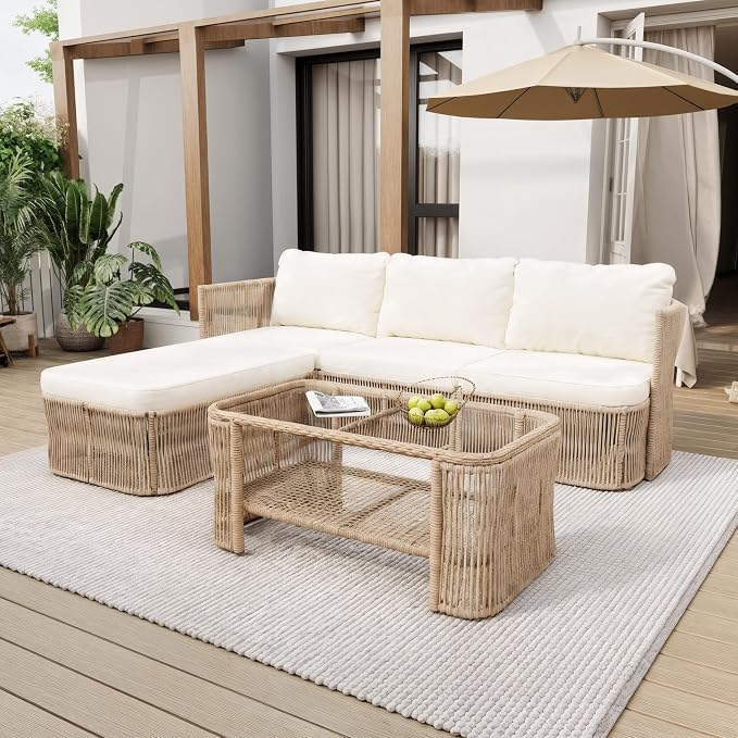 5-Piece PE Rattan Outdoor Furniture Set with Beige Cushions - Iron Frame - 66" Table & 4 Seats - 400 lbs Capacity - Patio