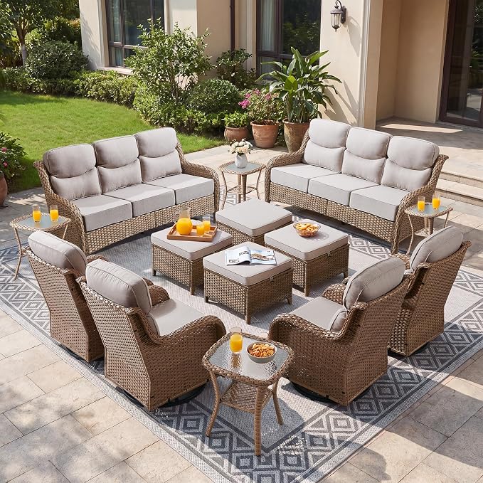 Luxury High Back Patio Furniture Set with 6-Inch Thick Cushions, 14-Pieces Outdoor Furniture with Swivel Chairs, Wicker Conversation Set for Porch, Balcony, Deck and Yard, Yellow/Beige