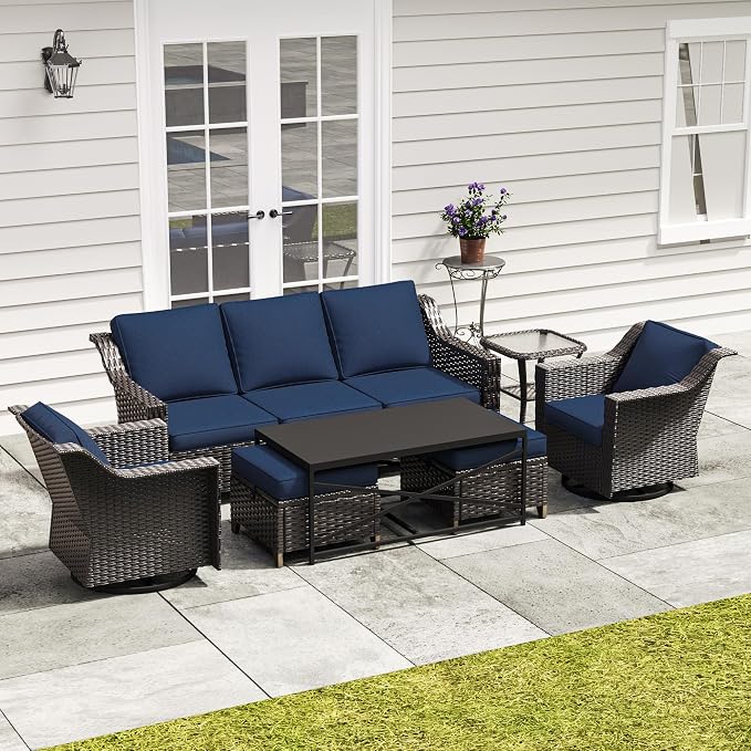 7 Pieces Outdoor Conversation Furniture Set - 77" Patio Sofa, 2 Swivel Rocker Chairs, 2 Ottomans, 1 Side Table, 1 Metal Table, Wicker Couch with Washable Cushions for Balcony (Navy Blue)