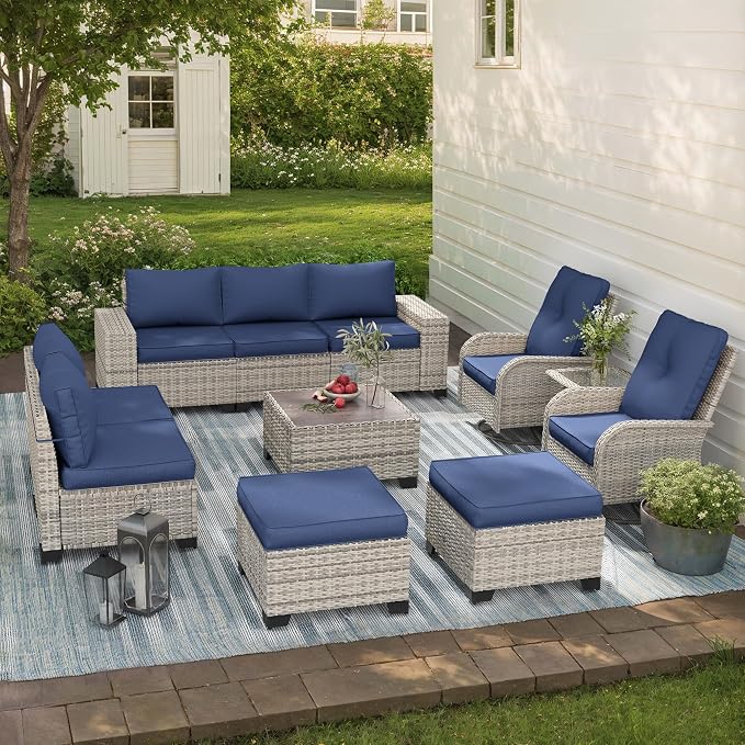 11-Piece Outdoor Patio Furniture Set with Rocking Swivel Chair Wicker Sectional Sofa Set, Patio Conversation Set with Ottomans & Coffee Table for Garden, Backyard, Poolside, Navy Blue