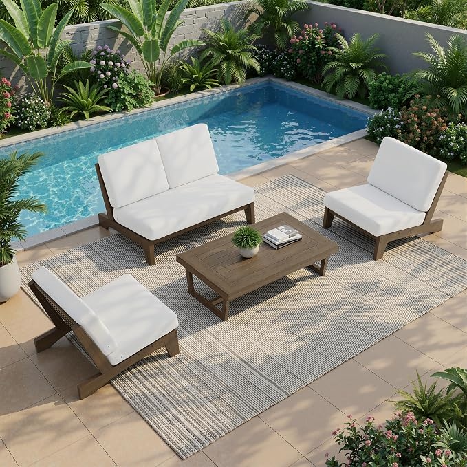 5 Pieces All Weather Wood Patio Furniture Sets, 2 Patio Loveseat, 2 Patio Bistro Chair, Outdoor Sectional Sofa Furniture Backyard Conversation Set with Coffee Table - Beige