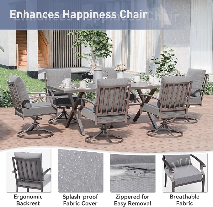 Kurapika 7 Pieces Patio Dining Set Outdoor Furniture with 6 Swivel Chairs, Metal Patio Furniture Set 6 Chairs and Large Table with Umbrella Cutout for Yard Porch Deck, Grey