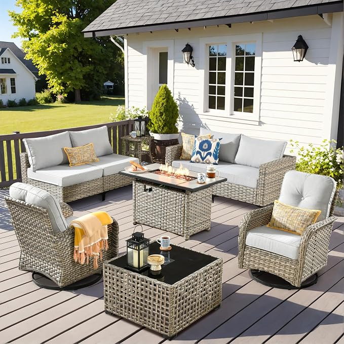 Outdoor Patio Furniture Sets,9 PCS Patio Conversation Set Outside Rattan Sectional Sofa with 42 in Square Fire Pit Table Wicker Rocking Chair Coffee Table Fit Backyard Garden Poolside Balcony