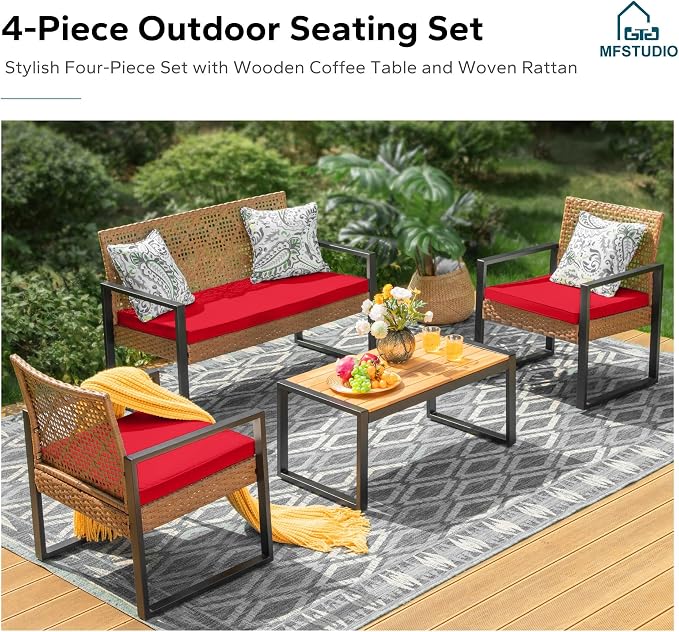 MFSTUDIO 4 Piece Wicker Patio Furniture Set, Small Patio Set with Loveseat & Chaise & Acacia Wood Table, Outdoor Rattan Sectional Furniture, Brown Sofa Couch Set for 4, Red