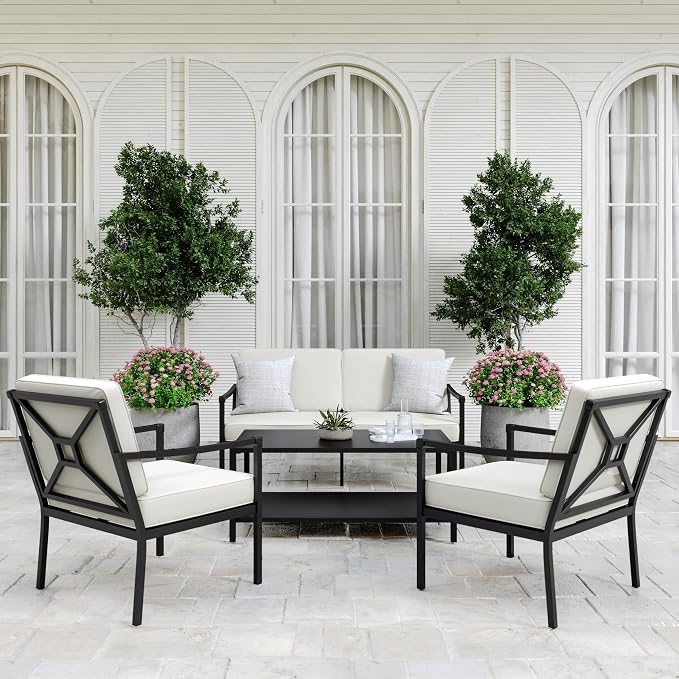 Martha Stewart Lily Pond 4-Piece All-Weather Conversation Set with Patio Loveseat, 2 Accent Chairs, and Coffee Table with Steel Frames in Black with Cream Cushions