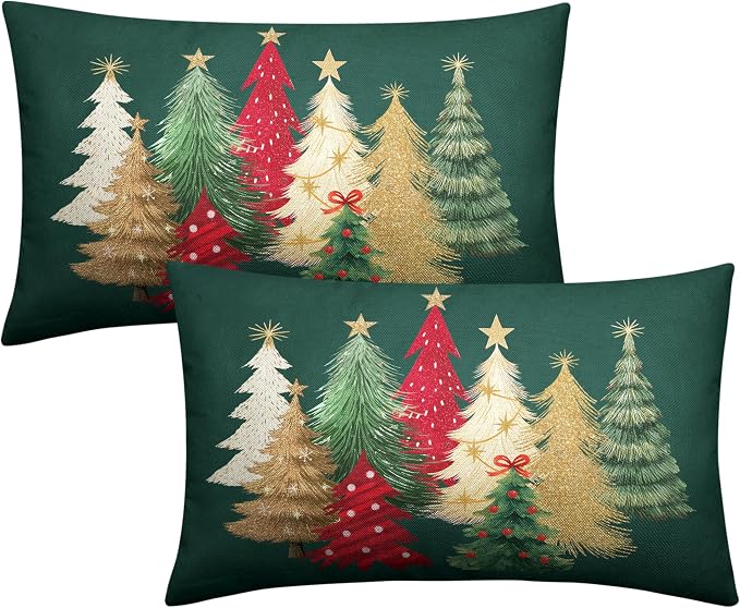 Green Christmas Lumbar Pillow Covers Christmas Tree Throw Pillow Case 12x20 Set of 2 Winter Xmas Rectangular Pillowcase Holiday Cushion Case for Living Room Bedroom Couch Sofa