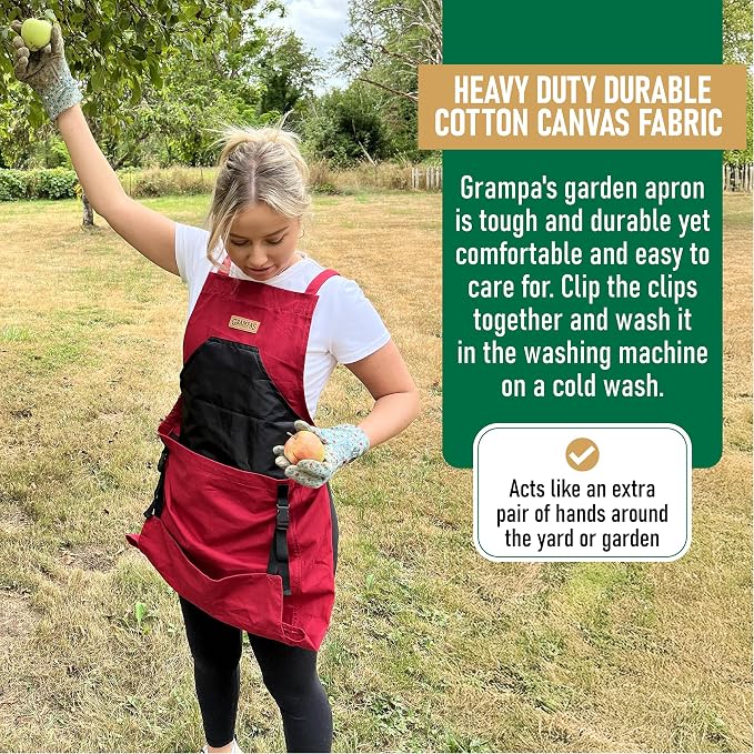 Grampa's Gardening Apron Cross Back Garden Apron with Large Pockets | Adjustable Straps • Harvest Apron • Hands-Free Gardening • Carries Vegetables, Flowers & Yard Debris • Heavy-Duty Canvas