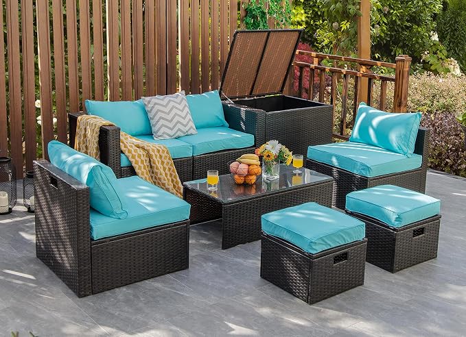 COSTWAY 8-Piece Outdoor Patio Furniture Set, Rattan Sectional Sofa, Armless Chairs, Side Table with Storage Ottoman & Glass Coffee Table, Space-Saving Conversation Set for Garden Deck (Turquoise)
