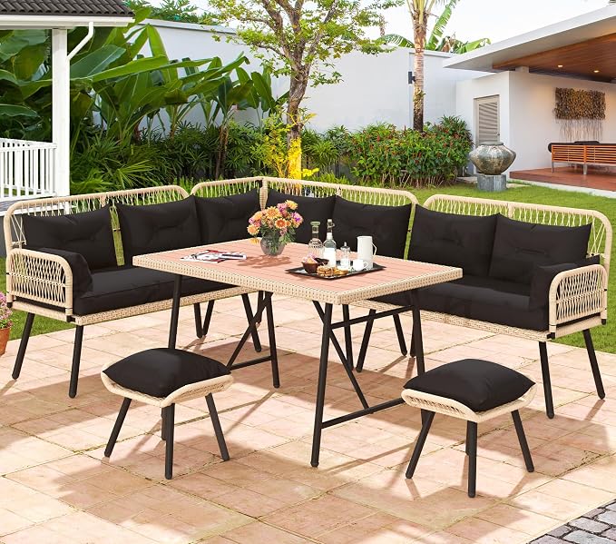 DWVO 9-Piece Patio Furniture Set Couch L Shape Outdoor Couch with Soft Cushions, Ottomans & Dining Table All-Weather Rattan Patio Conversation Set Outdoor Patio Sectional for Backyard Garden
