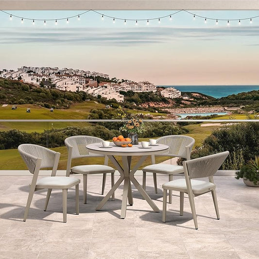 PURPLE LEAF 5 Pieces Round Dining Set Aluminum Frame and Wicker Rattan Patio Table and Chairs with Cushions for Garden Deck Outdoor Champagne
