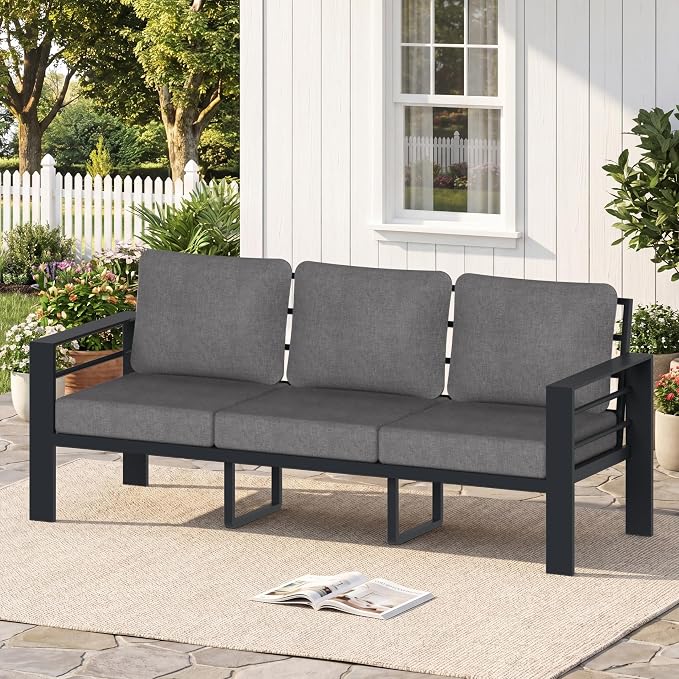 3-Seater Outdoor Patio Sofa, Metal Outdoor Couch with 3.54” Wide Seat and Thick Cushions, Modern Heavy Duty Patio Furniture for Backyard, Garden and Deck