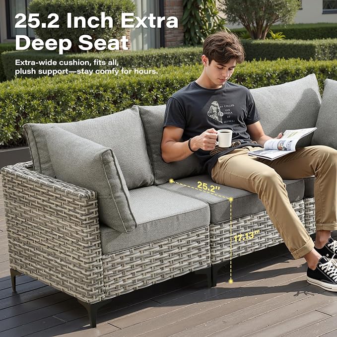 9 Pieces Outdoor Sectional Patio Furniture Set with 42" Fire Pit,Conversation Sets Rattan Wicker L Shaped Couch Swivel Rocking Chairs,Modular Outdoor Sofa for Porch Balcony Backyard Dark Grey