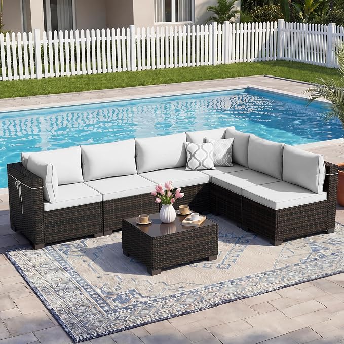 LEVELEVE 7-Piece Outdoor Patio Furniture Sets, Manual Weaving Rattan Conversation Sectional Sofa with Tempered Glass Coffee Table, All-Weather PE Wicker & Thick Cushions for Garden, Backyard, Porch