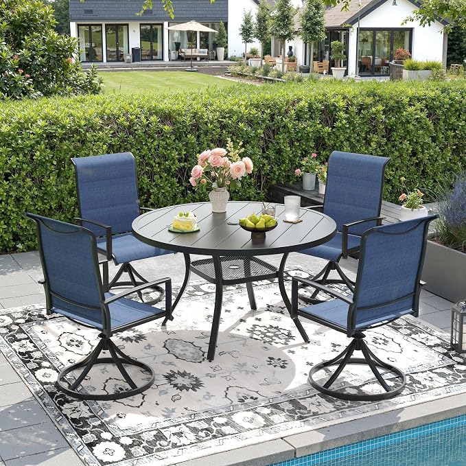 DIFY 5 Piece Outdoor Patio Dining Set for 4, 40.6" Black Round Metal Dining Table and Swivel Patio Chairs with Blue Padded Textilene, All-Weather Outdoor Furniture Set for Garden Backyard Porch