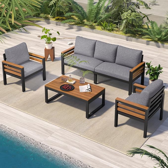 4 Piece Outdoor Furniture Sofa Set for 5 People, Garden Sofa Set with Acacia Wood Armrests and Tabletop, Patio Conversation Set with Removable Cushion and Coffee Table, Grey